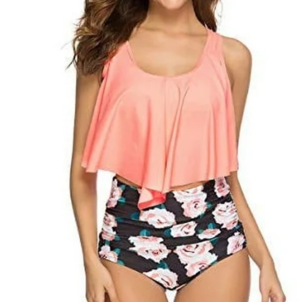 Pink & Floral flowy Bikini high ruched waisted swim NWOT Large - Picture 11 of 12